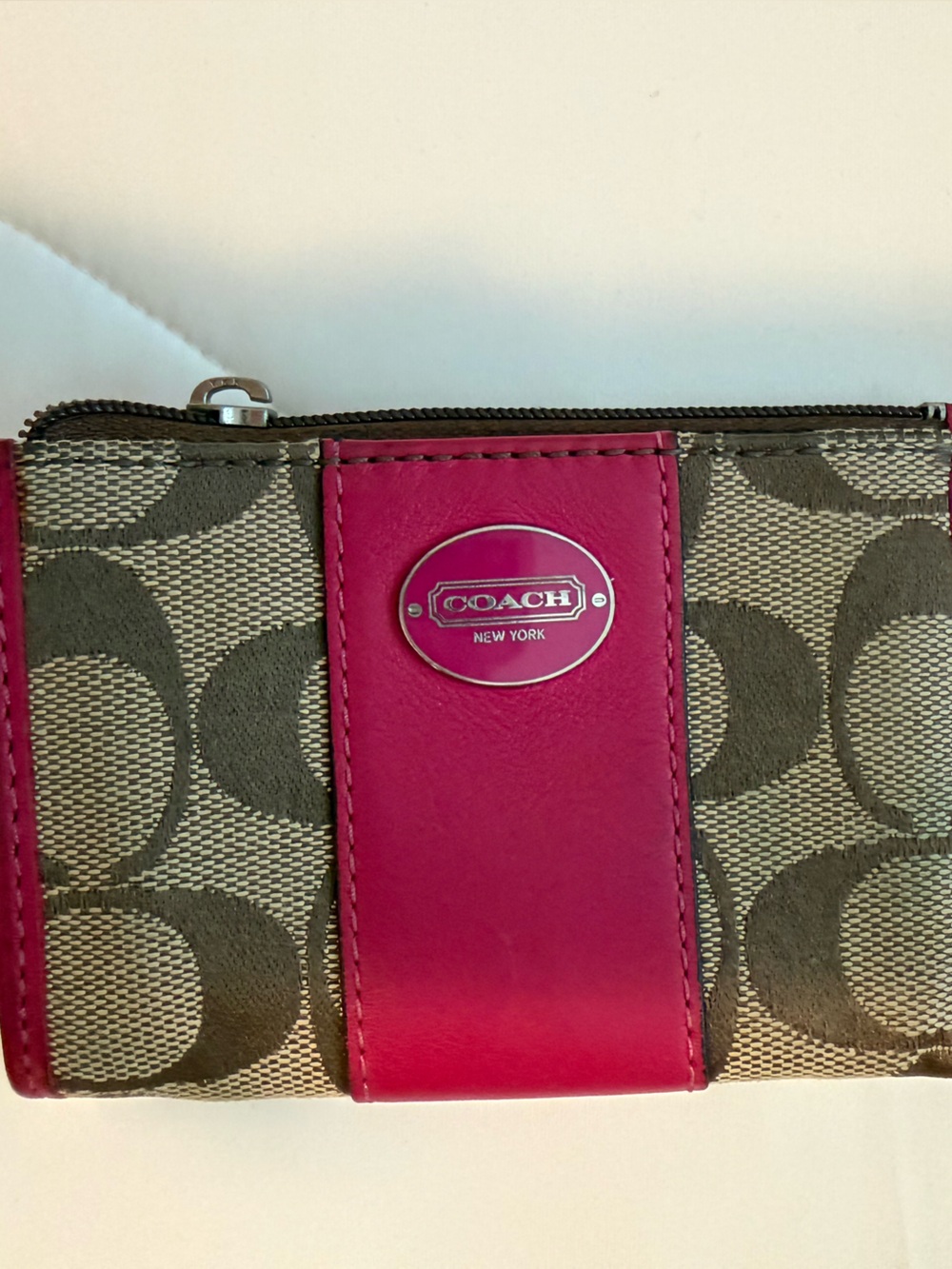 Coach Brown Signature Canvas Wallet with Pink Leather Accent
